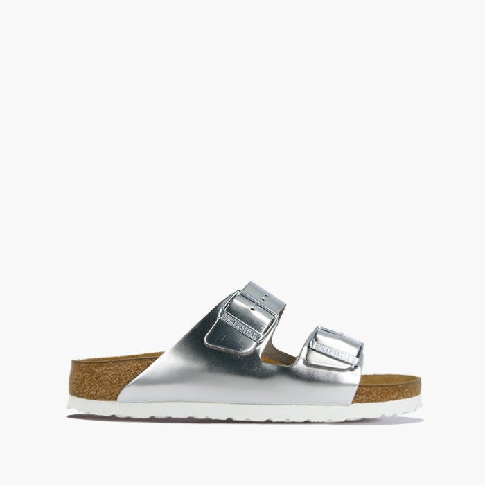 Birkenstock Arizona Cork Sandals - Women's Outdoor Sandals - Metallic Silver / Silver - 1005961