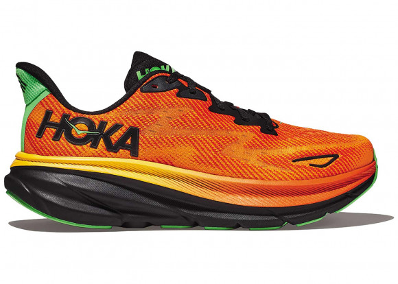 hoka yellow Men's Clifton 9 Running Shoes in Flame/Vibrant Orange - 1127895-FVOR