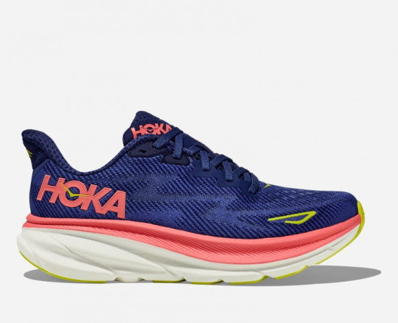hoka yellow Women's Clifton 9 Running Shoes in Evening Sky/Coral - 1127896-EVN