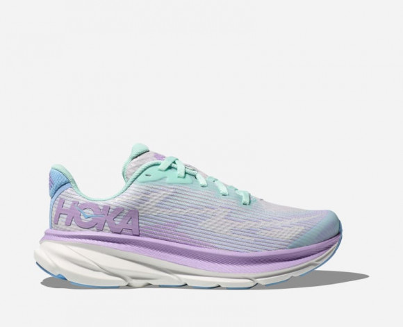 hoka yellow Kid's Clifton 9 Running Shoes in Sunlit Ocean/Lilac Mist - 1131170-SOLM