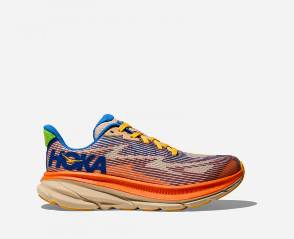 HOKA Kid's Clifton 9 Road Running Shoes in Ultramarine/Electric Tangerine - 1131170-URN