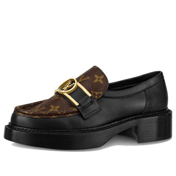 (WMNS) LOUIS VUITTON Academy Loafers 'Black with Brown Monogram and Gold Plate' - 1A7TXN