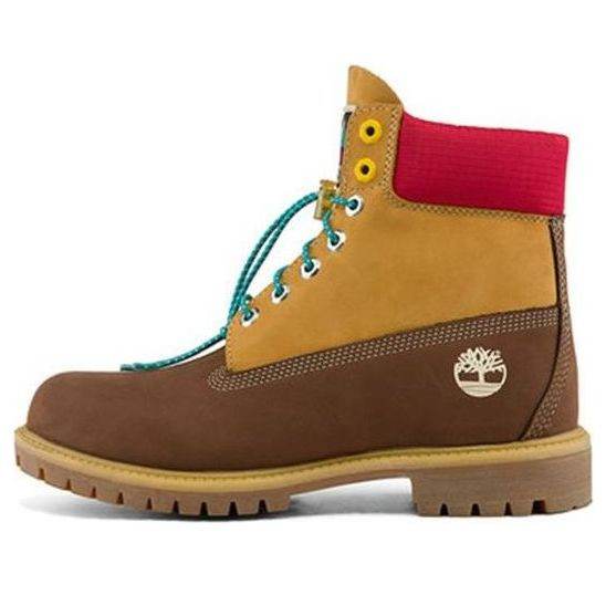 Timberland Premium 6 Inch Waterproof Boots 'Brown Nubuck with Yellow and Red Collar' - A2NC8931