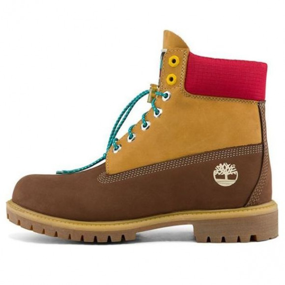 Timberland Premium 6 Inch Waterproof Wide Fit Boots 'Brown Nubuck with Yellow and Red Collar' - A2NC8W