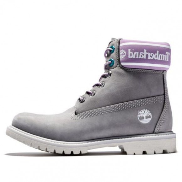 (WMNS) Timberland Premium 6 Inch Waterproof Boots 'Grey Nubuck with Purple Logo Collar' - A41D6D52