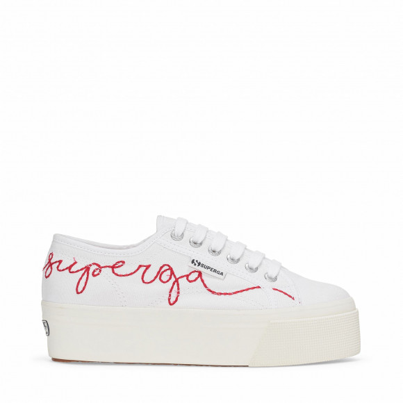 Superga - 2790 RED EMBROIDERY - Lady Shoes - Wedge - Woman - WHITE-RED FLAME FAVORIO - S4133BW