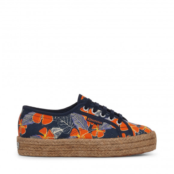 Superga - 2730 ROPE HIBISCUS FLOWER PRINT - Lady Shoes - Wedge - Woman - BLUE NAVY-ORANGE HIBISCUS - S6131XW