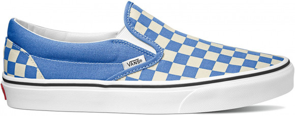 blue checkerboard vans slip on